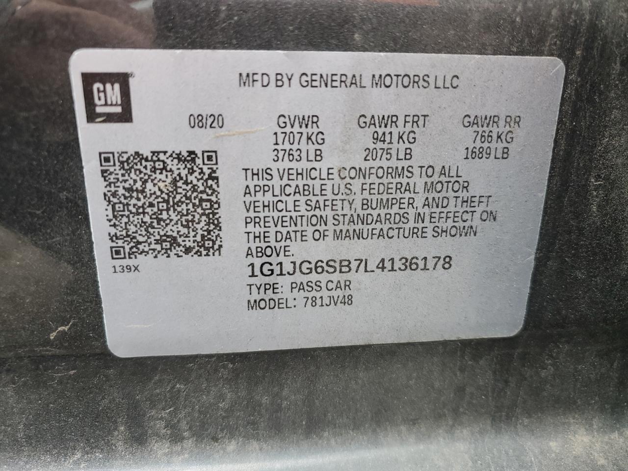 1G1JG6SB7L4136178 2020 Chevrolet Sonic