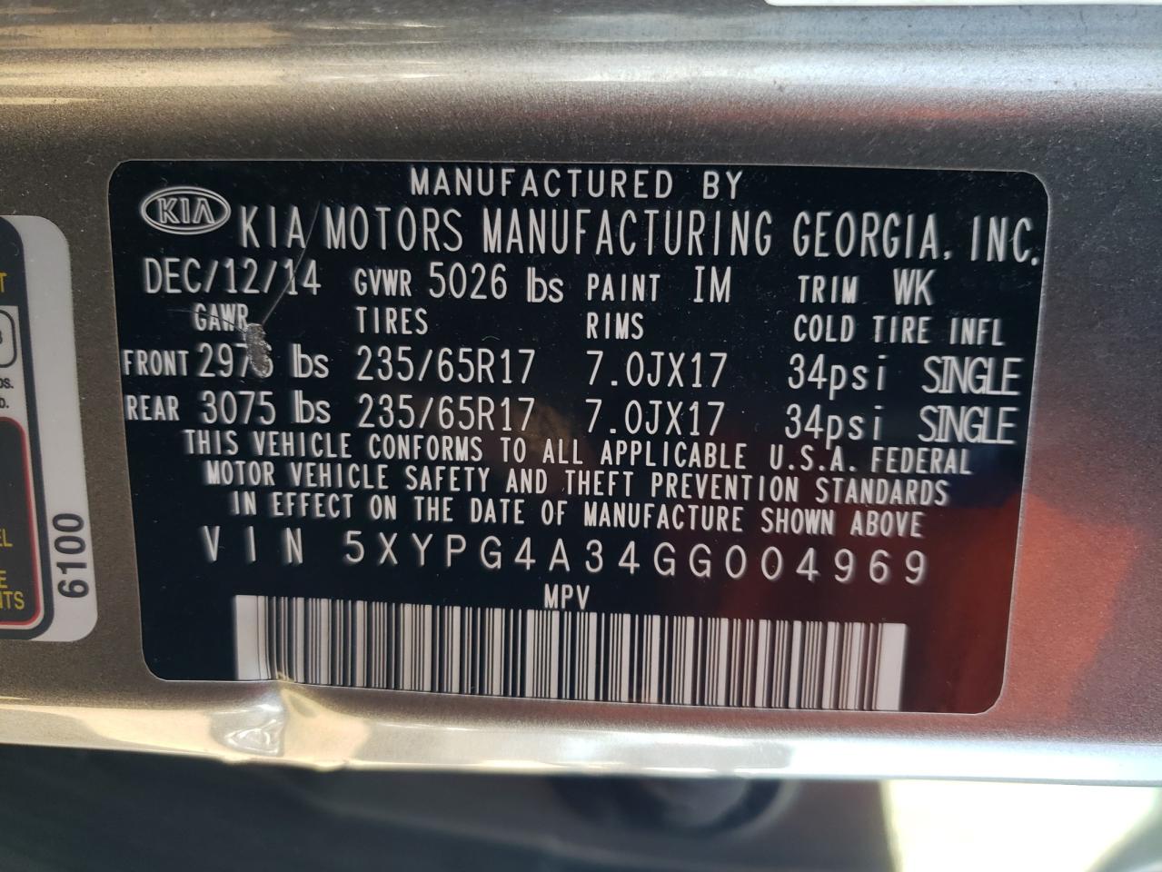 5XYPG4A34GG004969 2016 Kia Sorento Lx