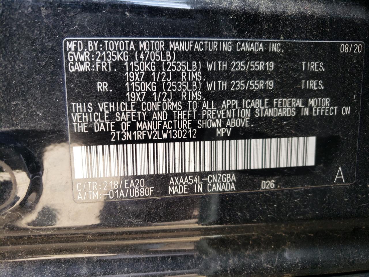 2T3N1RFV2LW130212 2020 Toyota Rav4 Limited