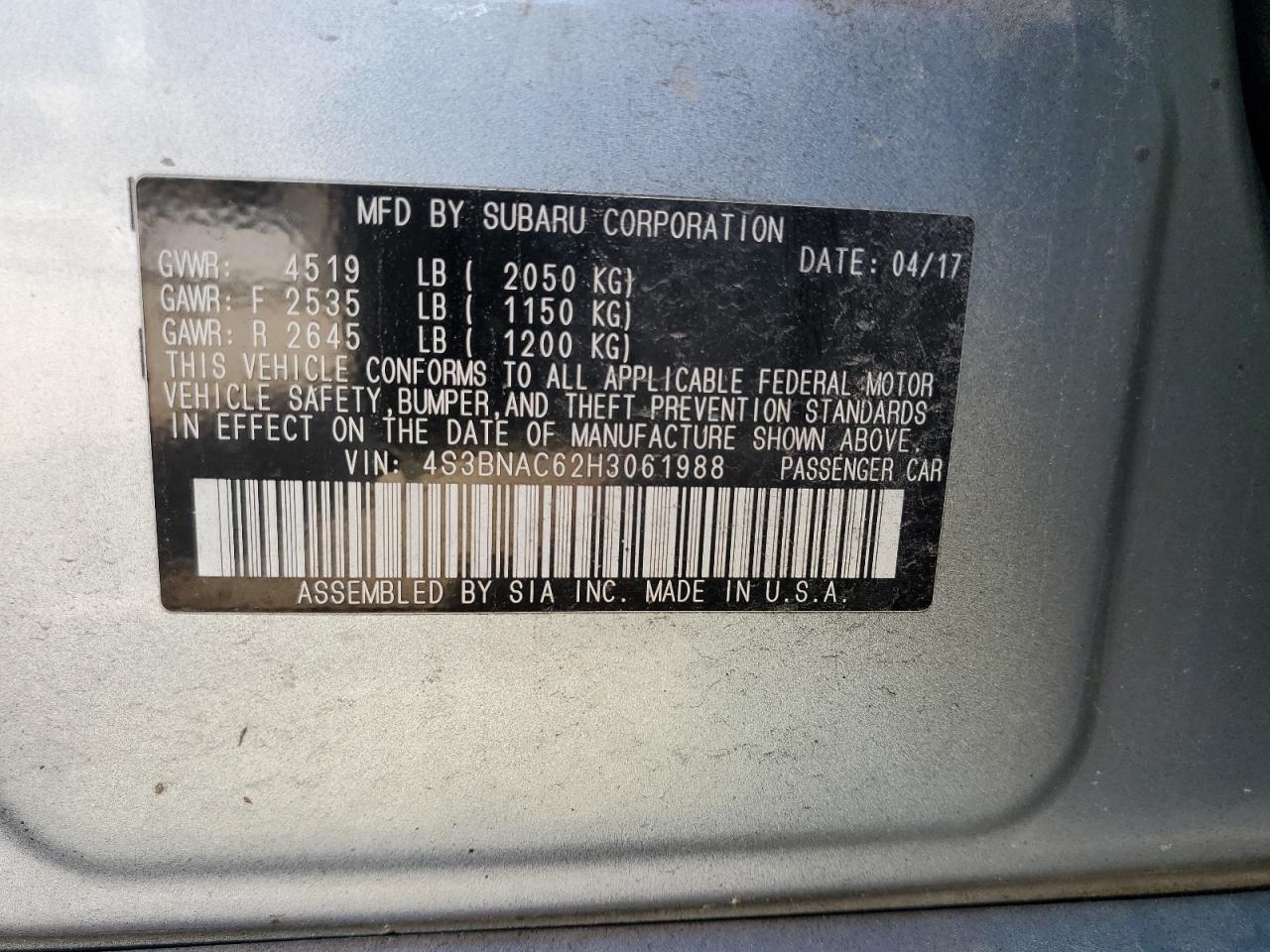 4S3BNAC62H3061988 2017 Subaru Legacy 2.5I Premium