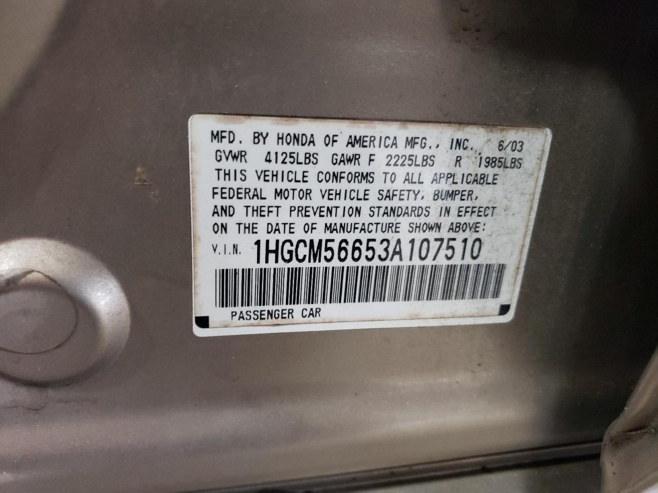 1HGCM56653A107510 2003 Honda Accord Ex