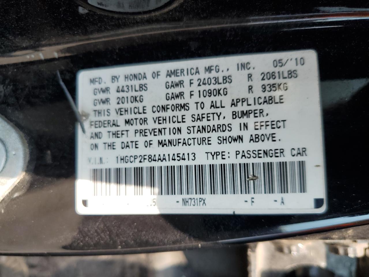 1HGCP2F84AA145413 2010 Honda Accord Exl