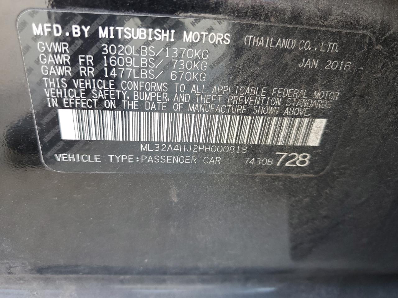 2017 Mitsubishi Mirage Se VIN: ML32A4HJ2HH000818 Lot: 72536234