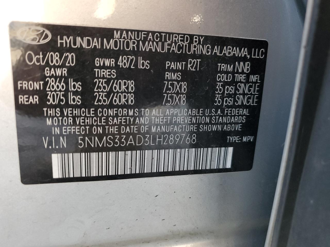 5NMS33AD3LH289768 2020 Hyundai Santa Fe Sel