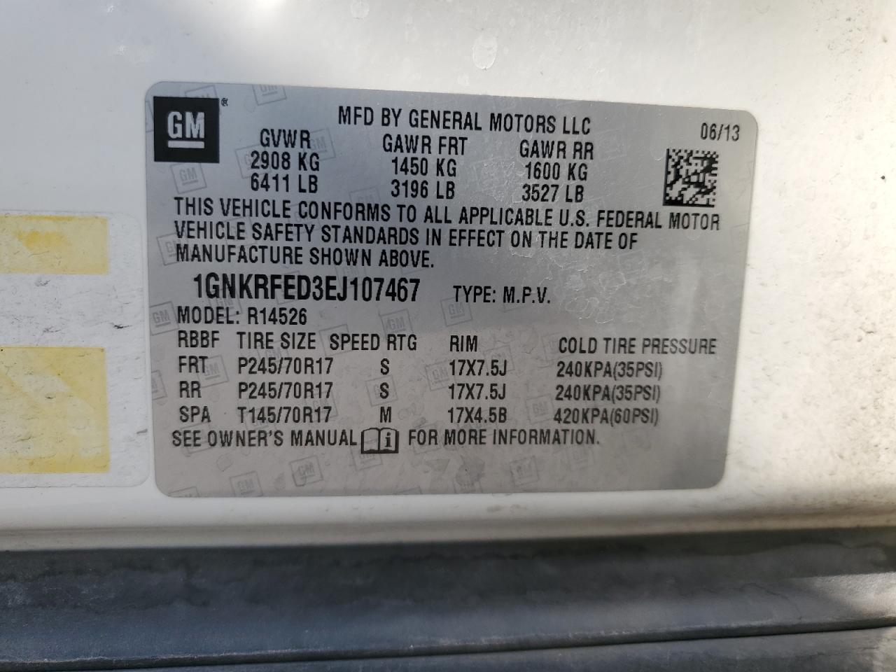 2014 Chevrolet Traverse Ls VIN: 1GNKRFED3EJ107467 Lot: 70669994