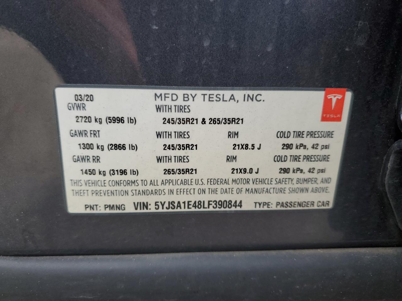 5YJSA1E48LF390844 2020 Tesla Model S