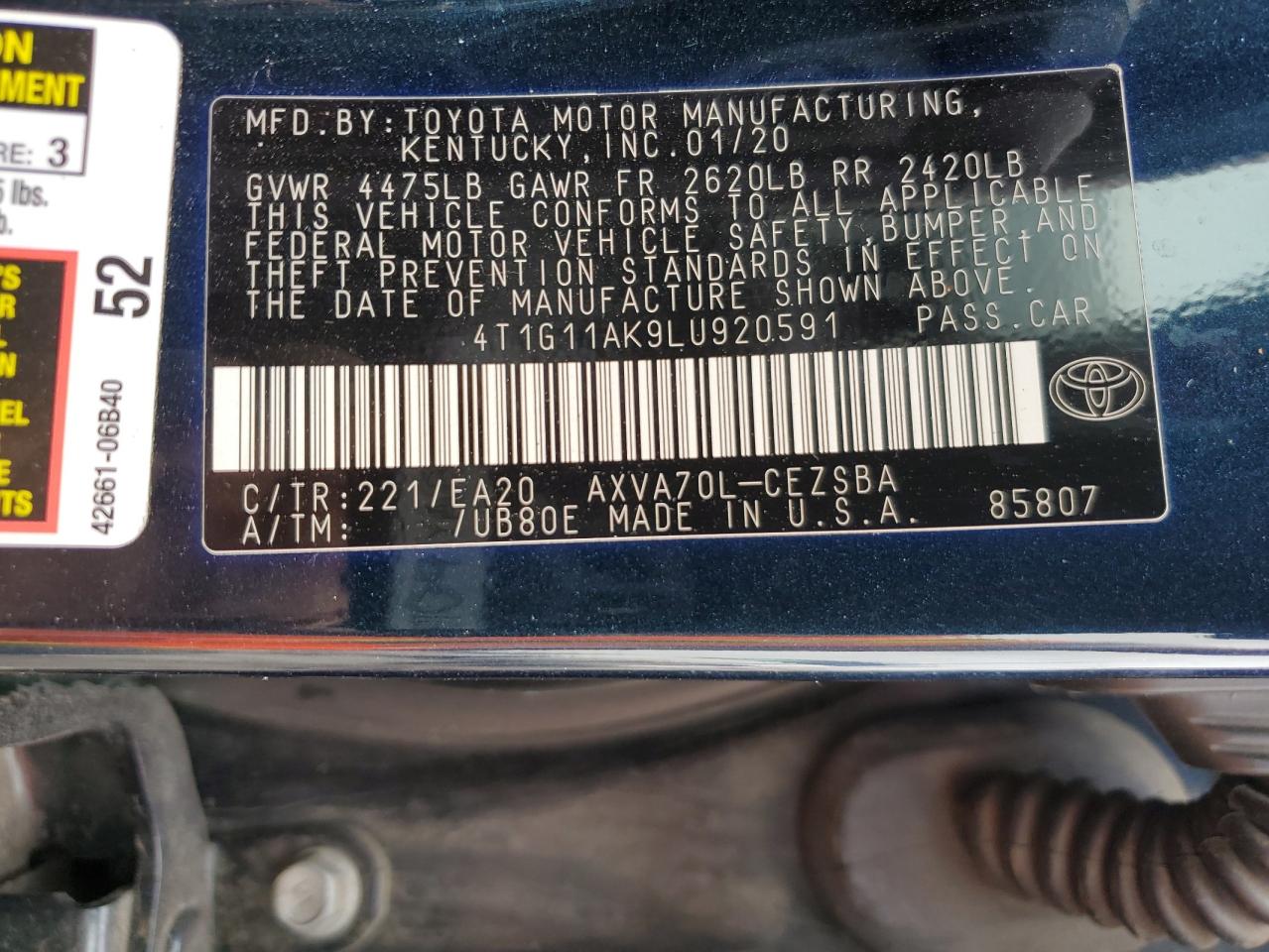 4T1G11AK9LU920591 2020 Toyota Camry Se