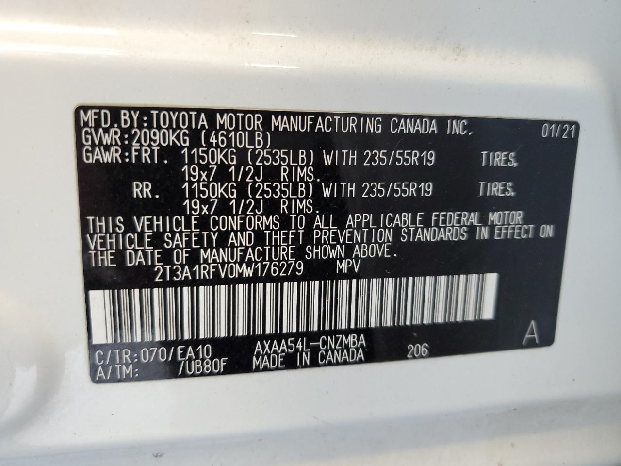 2021 Toyota Rav4 Xle Premium VIN: 2T3A1RFV0MW176279 Lot: 69895164