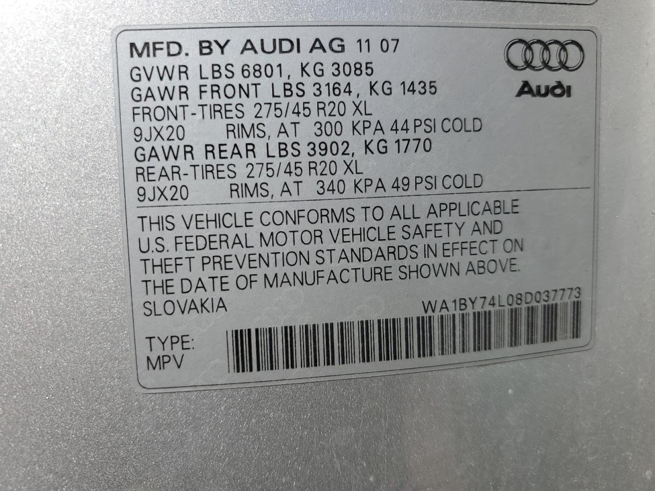 WA1BY74L08D037773 2008 Audi Q7 3.6 Quattro Premium