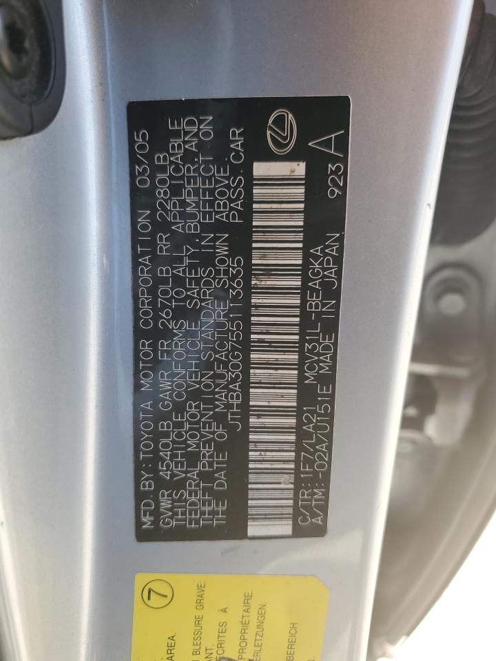 2005 Lexus Es 330 VIN: JTHBA30G755113635 Lot: 71824104