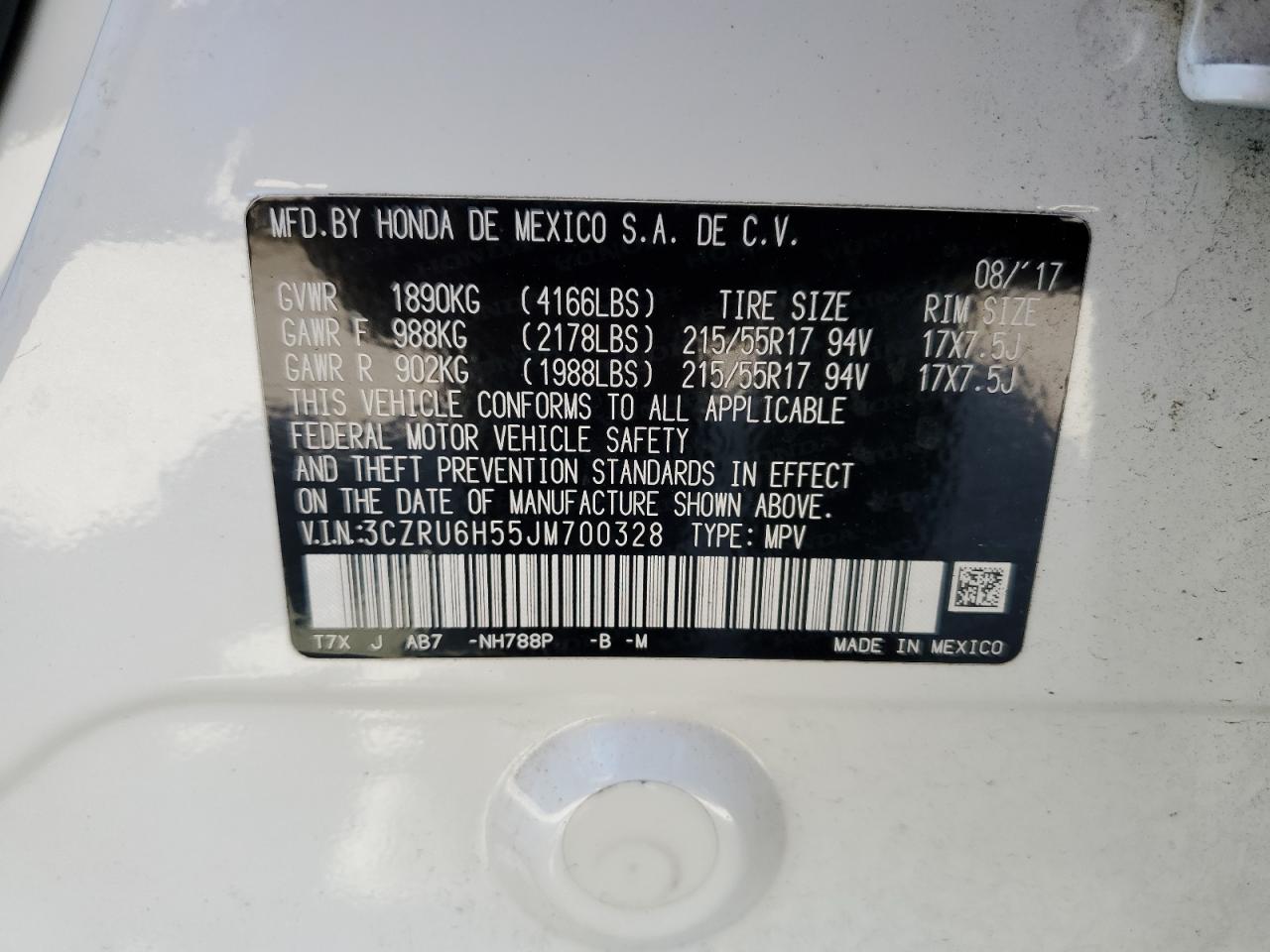 3CZRU6H55JM700328 2018 Honda Hr-V Ex