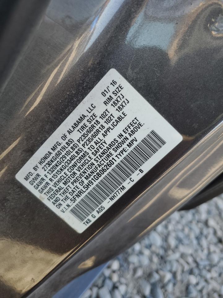 5FNRL5H91GB062601 2016 Honda Odyssey Touring