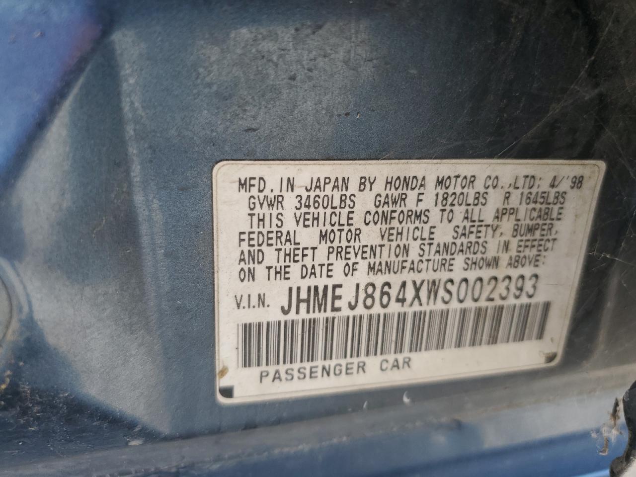 JHMEJ864XWS002393 1998 Honda Civic Ex