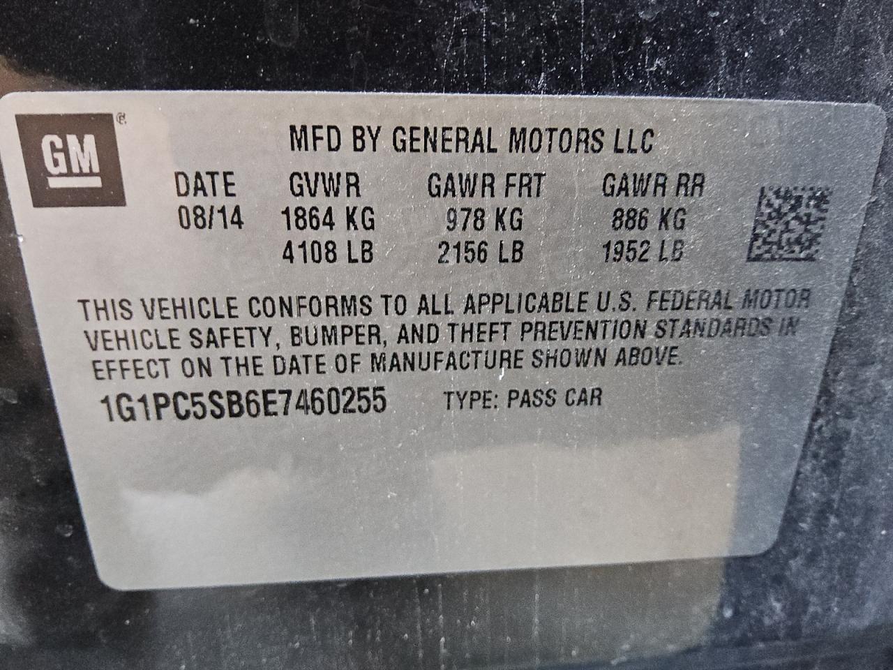 1G1PC5SB6E7460255 2014 Chevrolet Cruze Lt