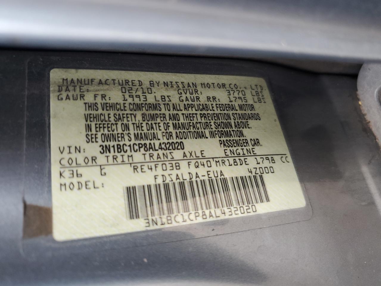 3N1BC1CP8AL432020 2010 Nissan Versa S