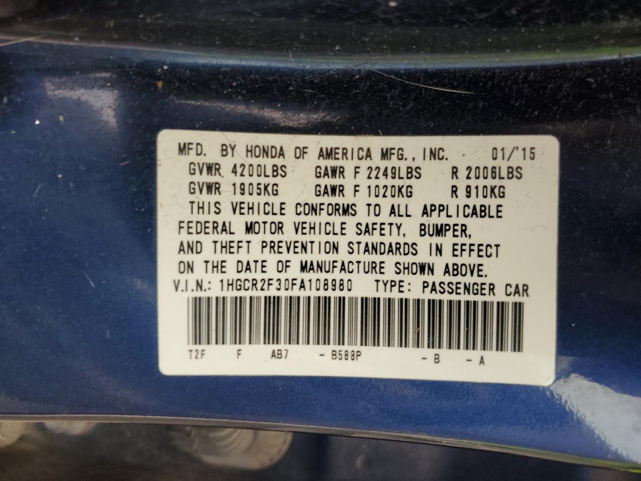 1HGCR2F30FA108980 2015 Honda Accord Lx