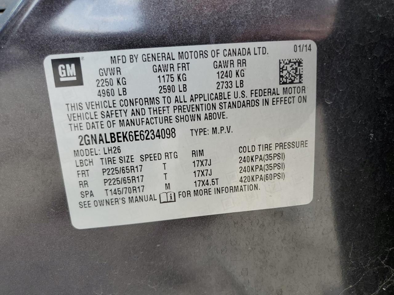 2GNALBEK6E6234098 2014 Chevrolet Equinox Lt