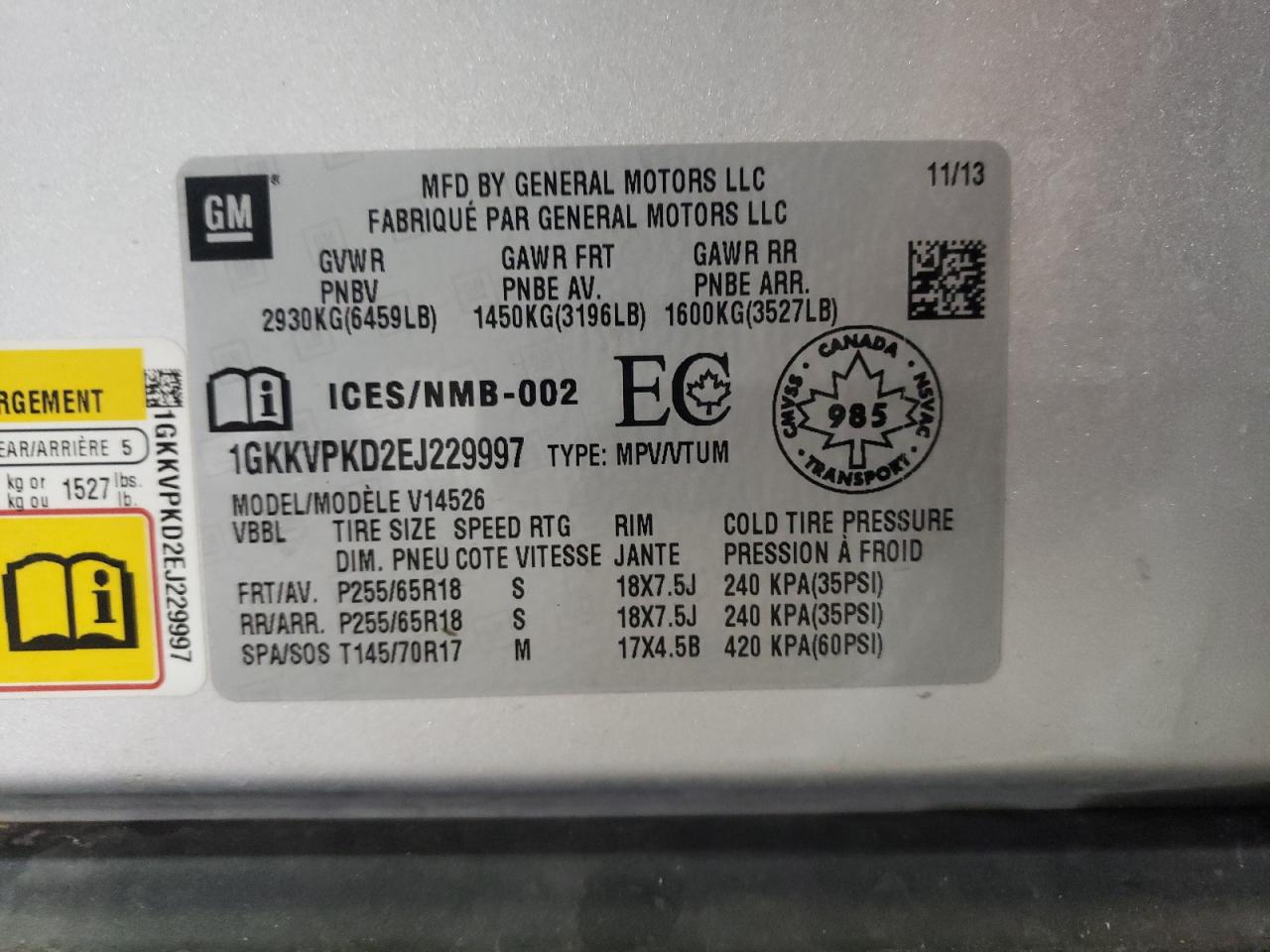 1GKKVPKD2EJ229997 2014 GMC Acadia Sle