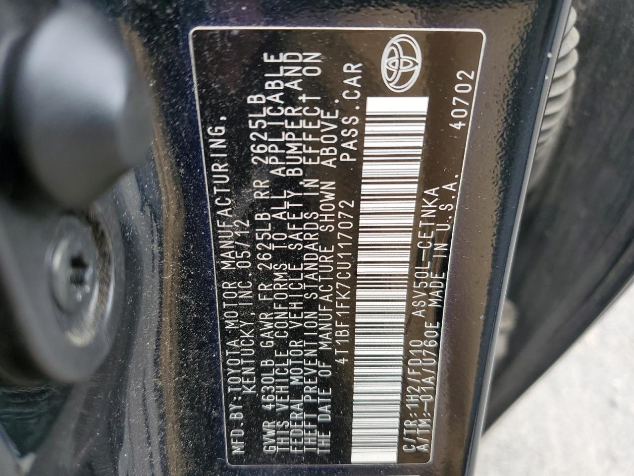 4T1BF1FK7CU117072 2012 Toyota Camry Base