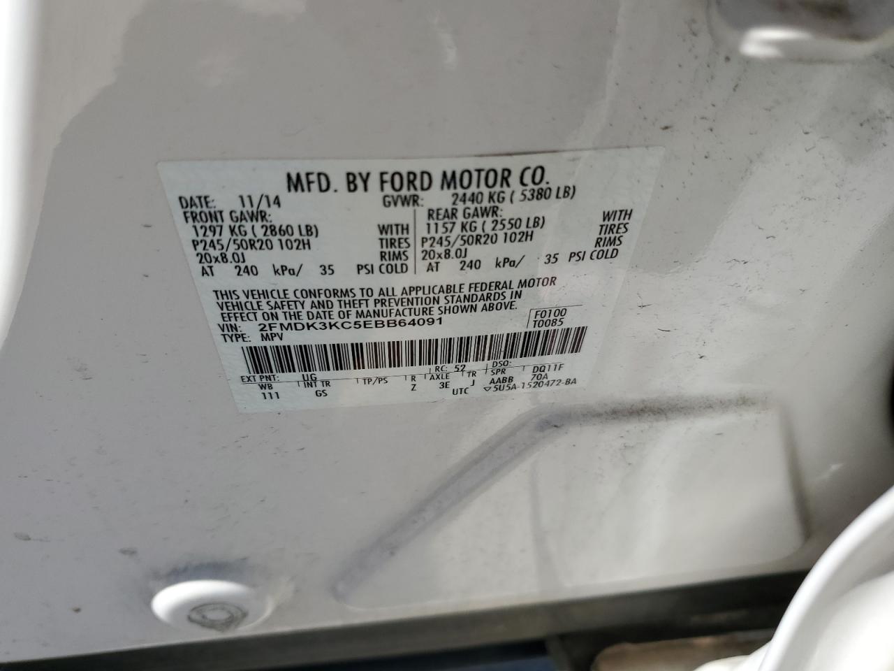 2014 Ford Edge Limited VIN: 2FMDK3KC5EBB64091 Lot: 71249374