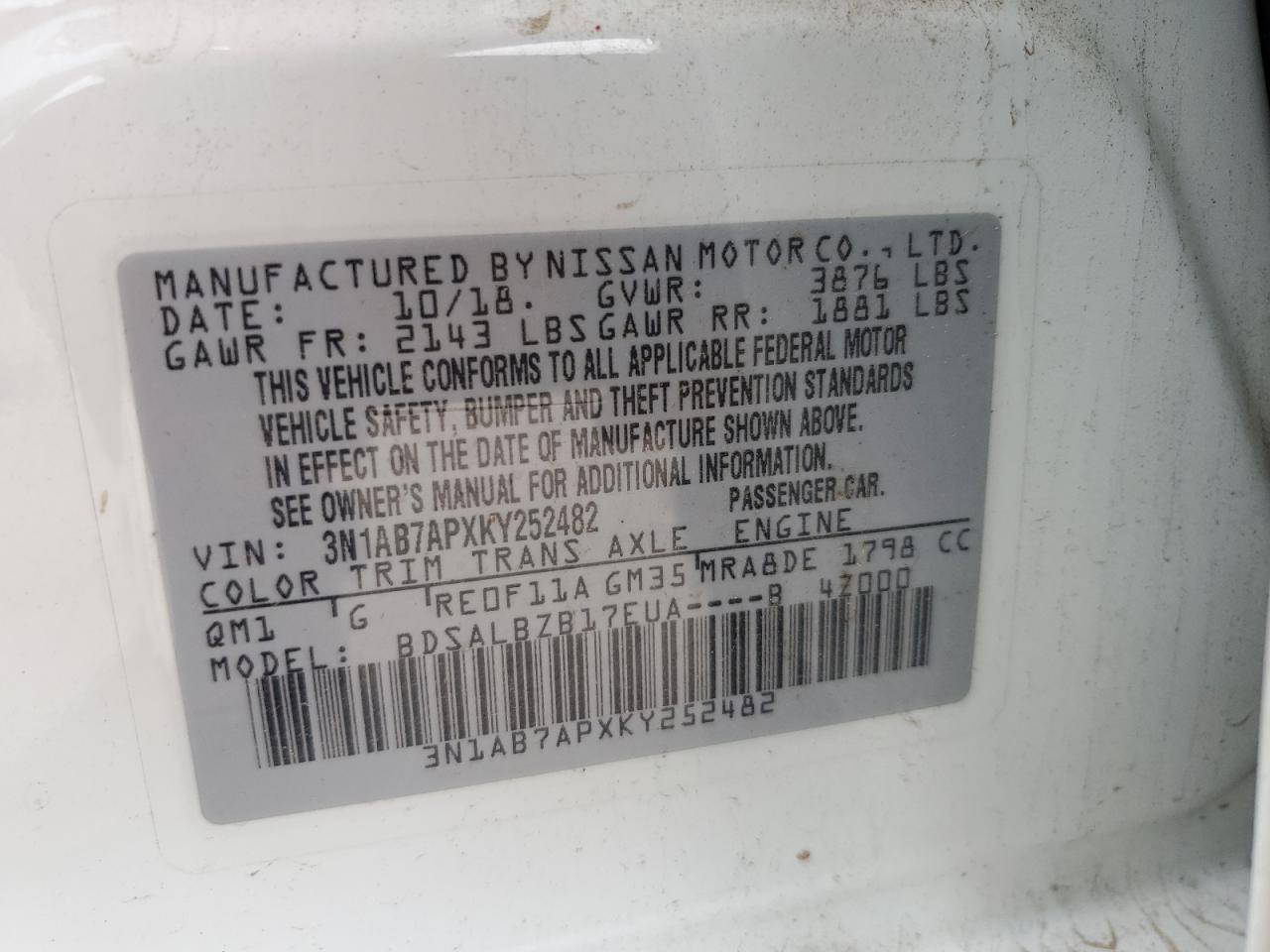 3N1AB7APXKY252482 2019 Nissan Sentra S