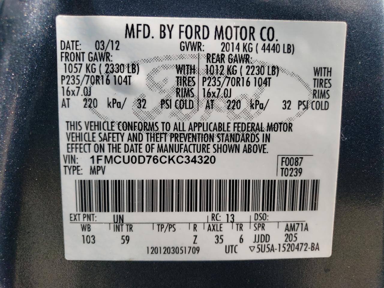 1FMCU0D76CKC34320 2012 Ford Escape Xlt