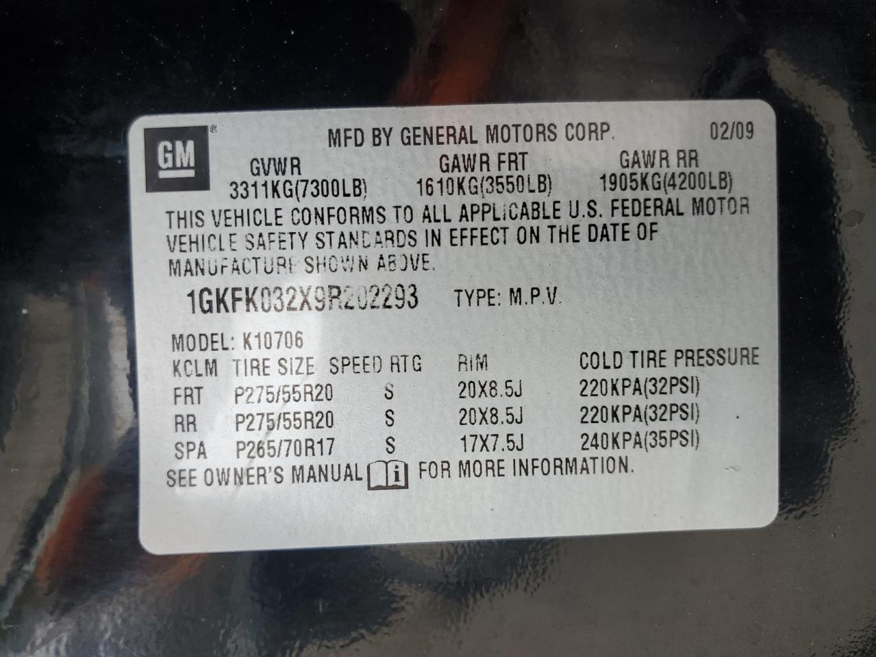 2009 GMC Yukon Denali VIN: 1GKFK032X9R202293 Lot: 72701104