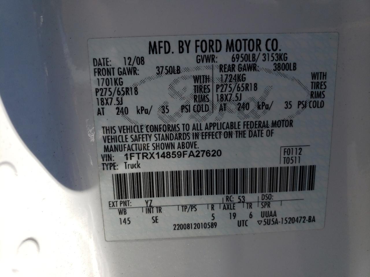 2009 Ford F150 Super Cab VIN: 1FTRX14859FA27620 Lot: 69868914