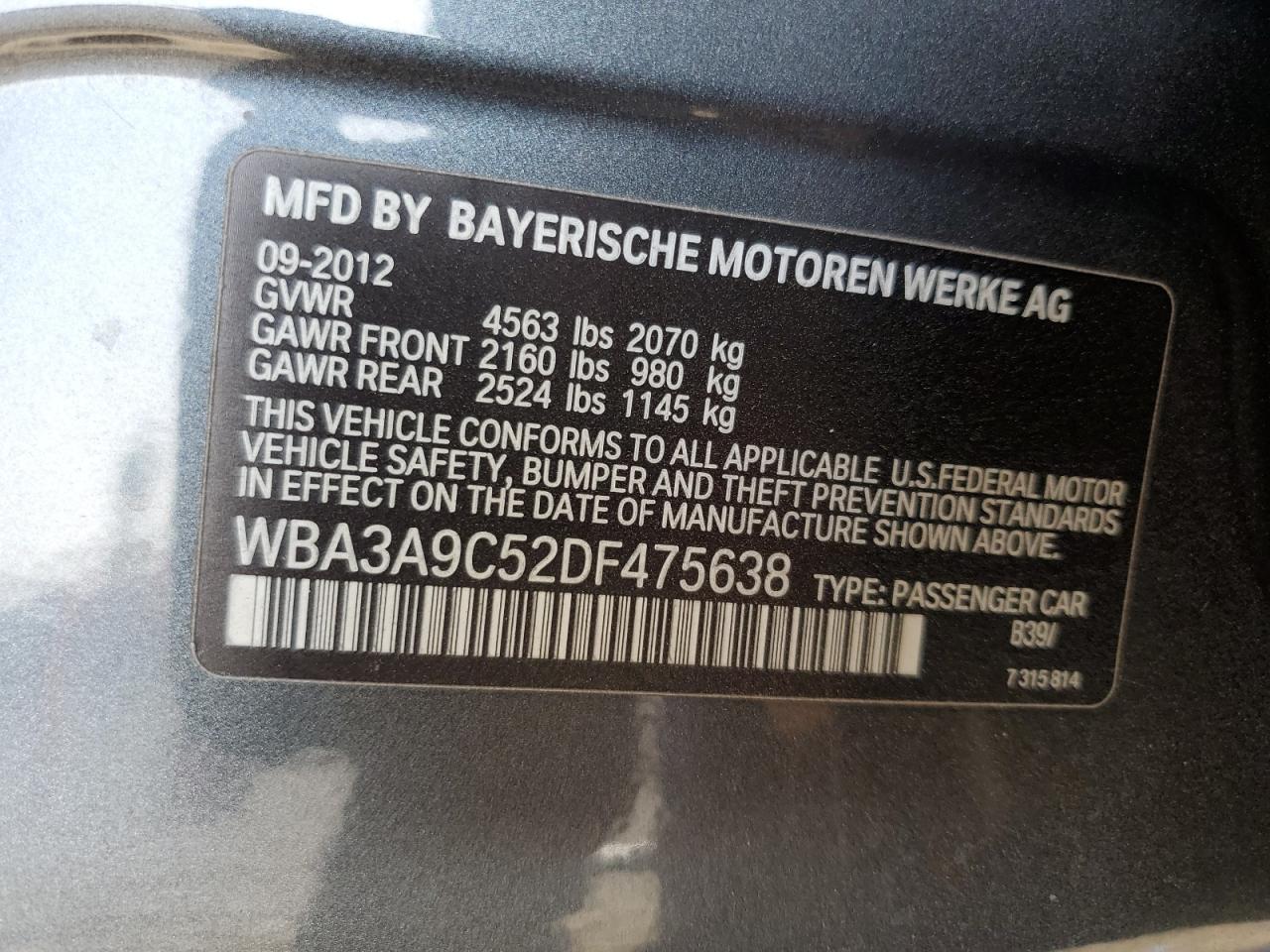 WBA3A9C52DF475638 2013 BMW 335 I