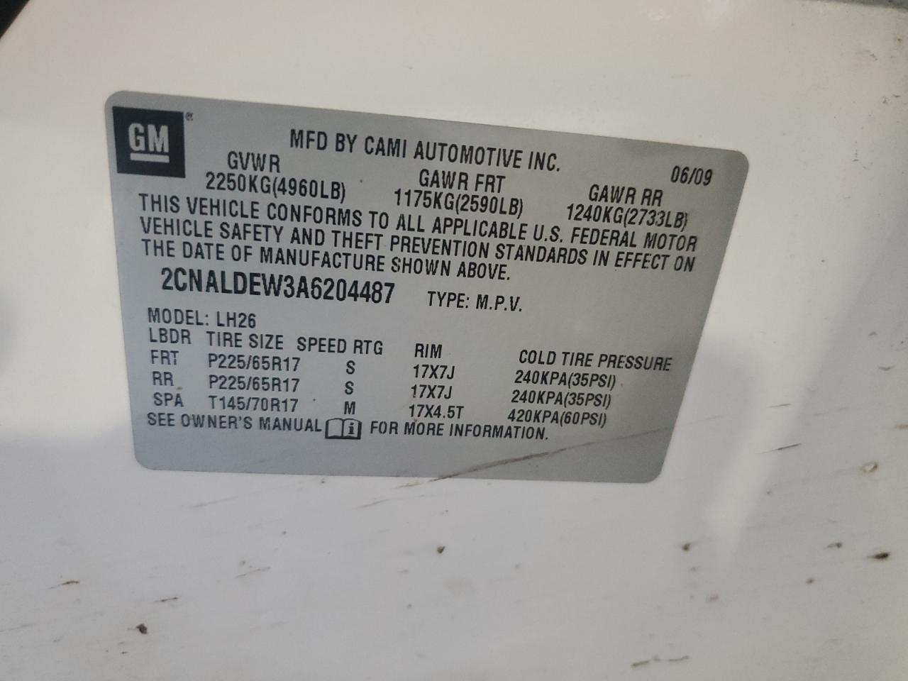 2CNALDEW3A6204487 2010 Chevrolet Equinox Lt