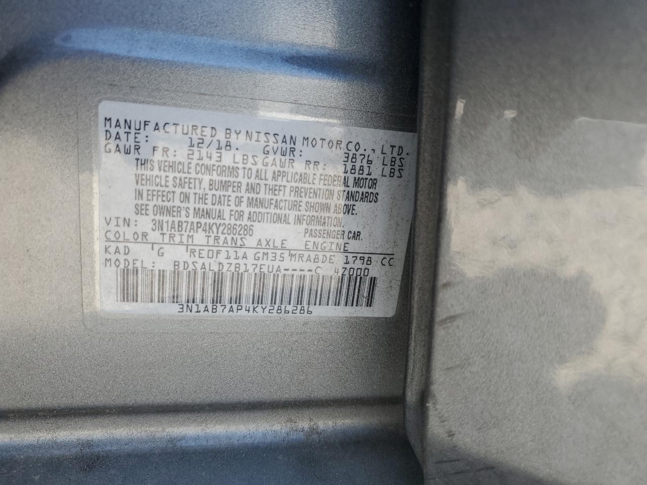 3N1AB7AP4KY286286 2019 Nissan Sentra S