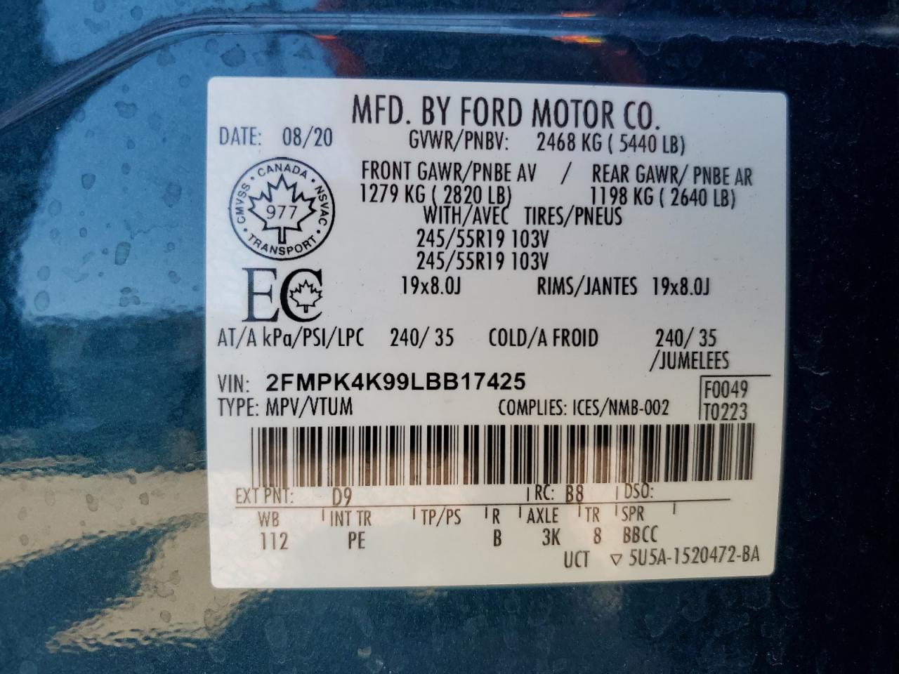 2FMPK4K99LBB17425 2020 Ford Edge Titanium