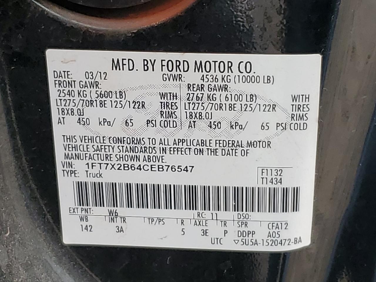 1FT7X2B64CEB76547 2012 Ford F250 Super Duty