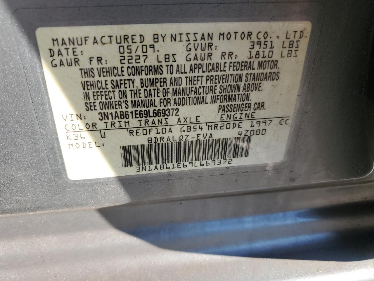 3N1AB61E69L669372 2009 Nissan Sentra 2.0