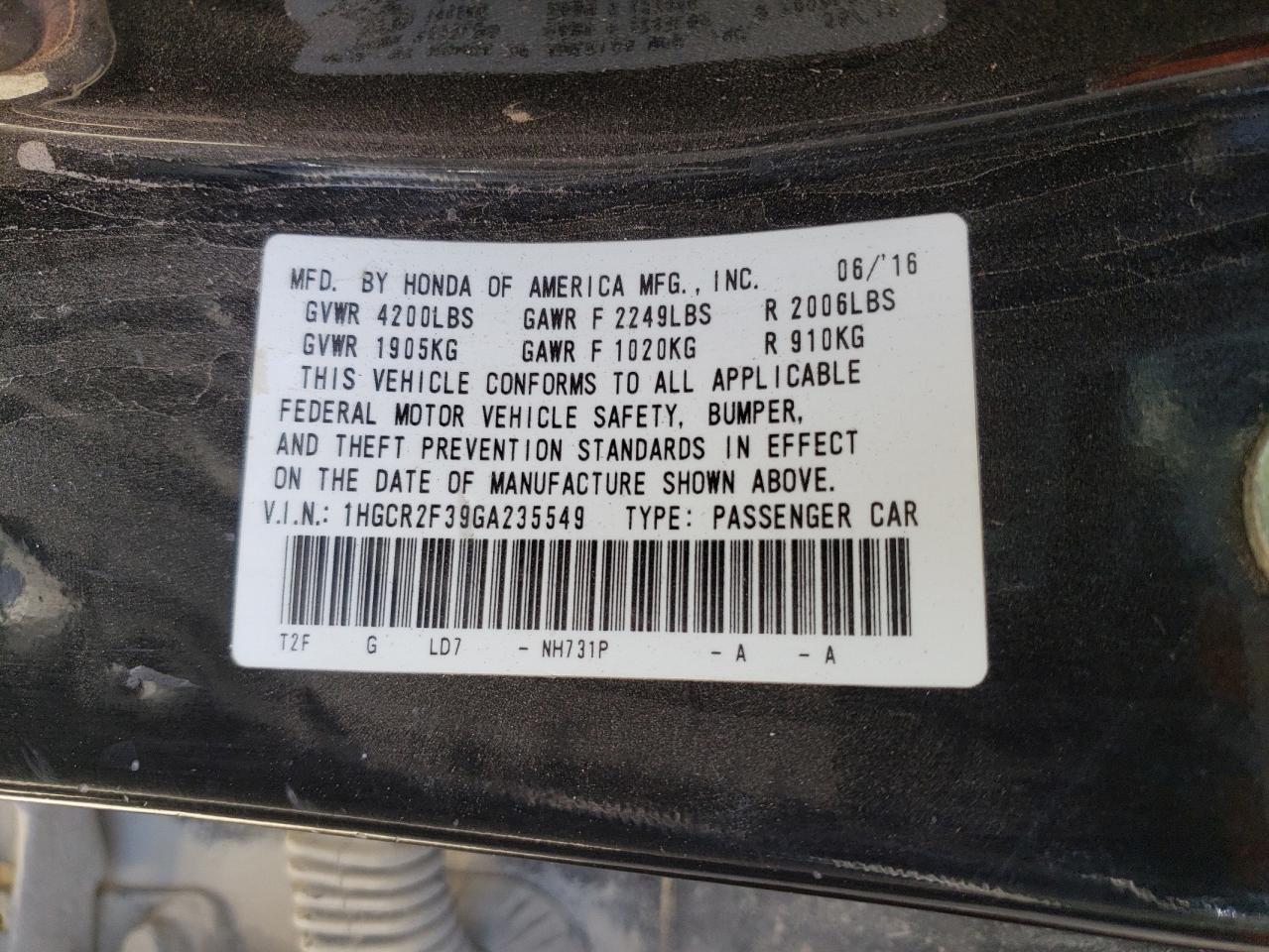 1HGCR2F39GA235549 2016 Honda Accord Lx