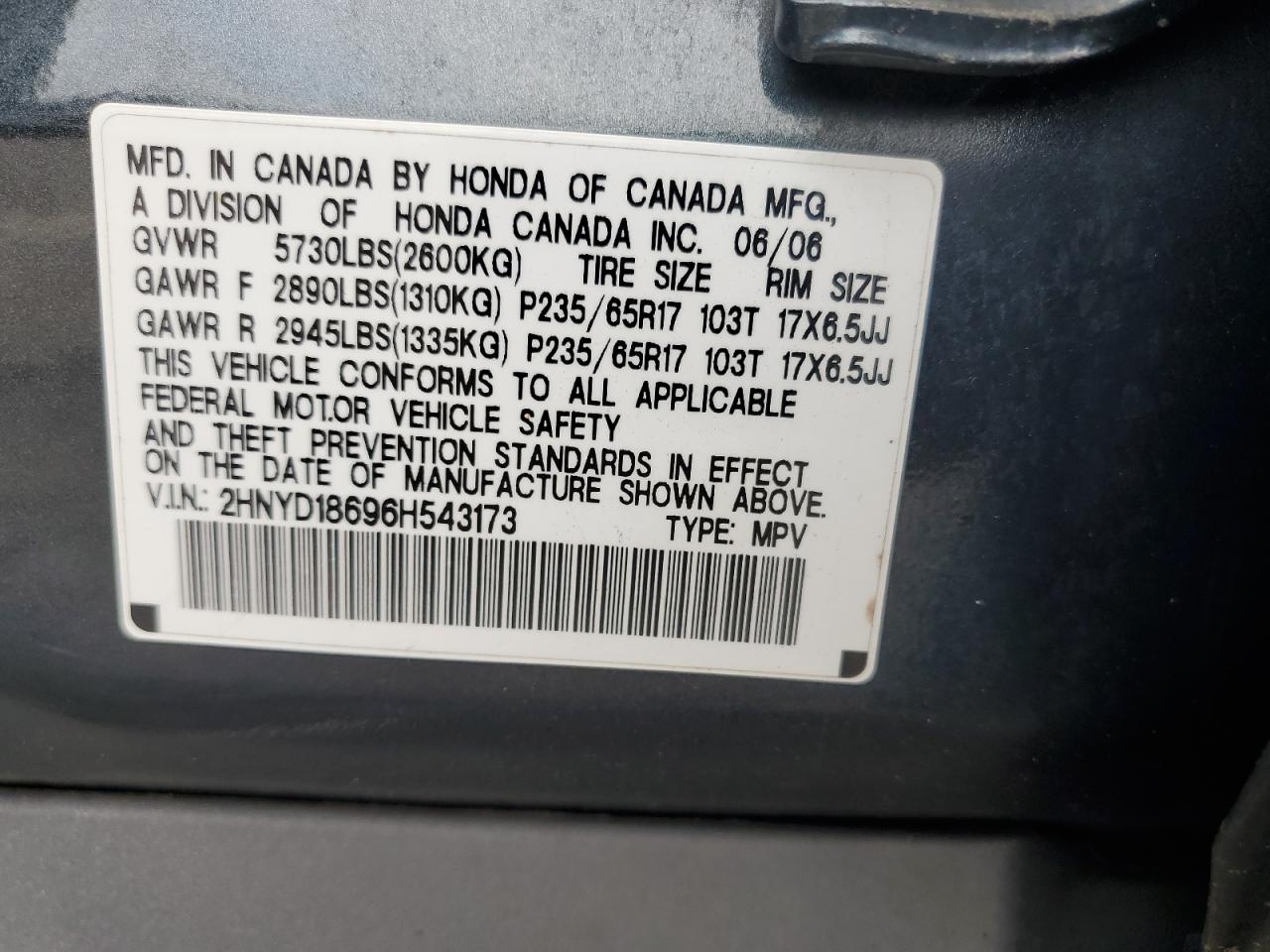 2HNYD18696H543173 2006 Acura Mdx Touring