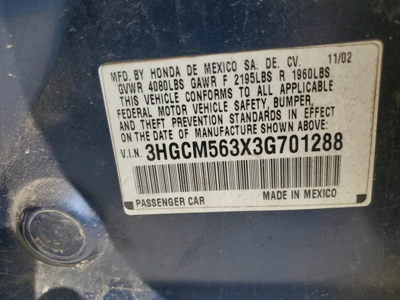 3HGCM563X3G701288 2003 Honda Accord Lx