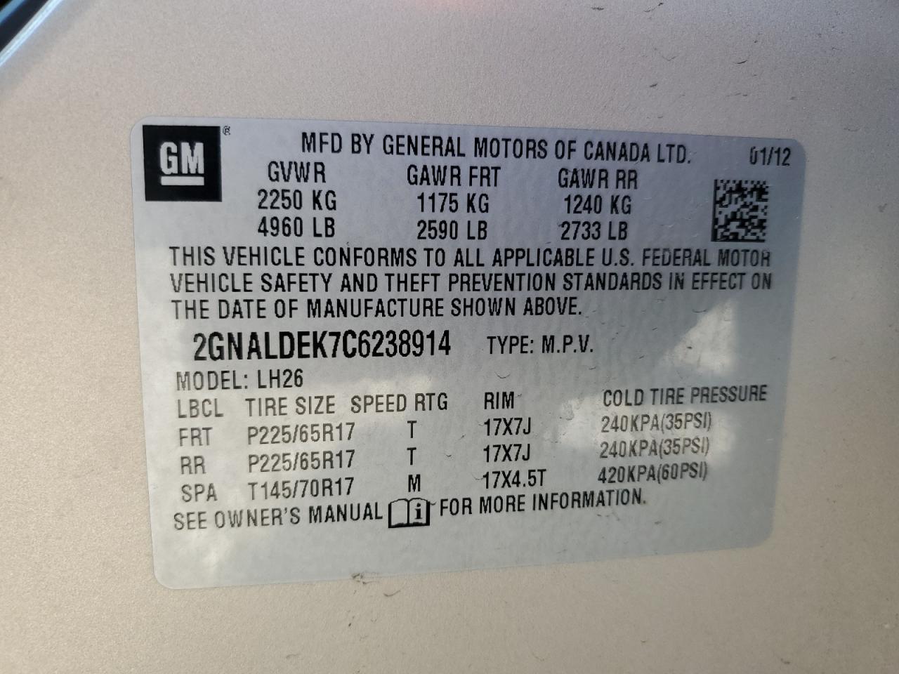 2012 Chevrolet Equinox Lt VIN: 2GNALDEK7C6238914 Lot: 73431344