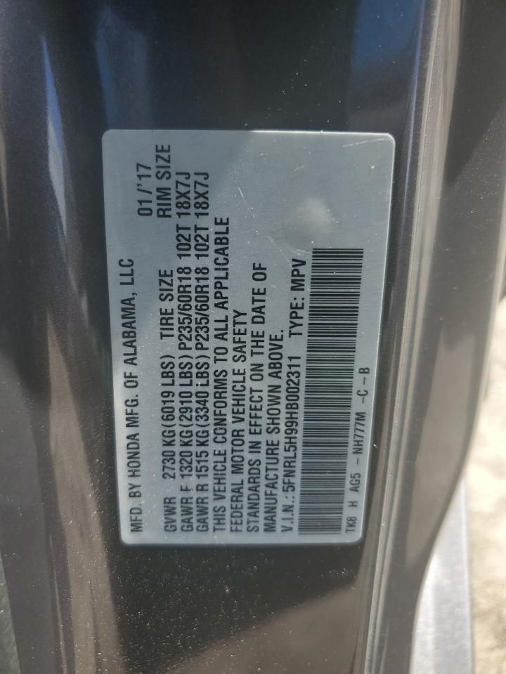 5FNRL5H99HB002311 2017 Honda Odyssey Touring