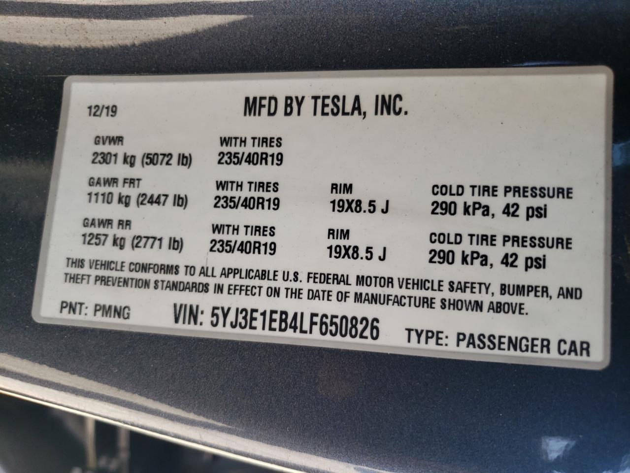 5YJ3E1EB4LF650826 2020 Tesla Model 3