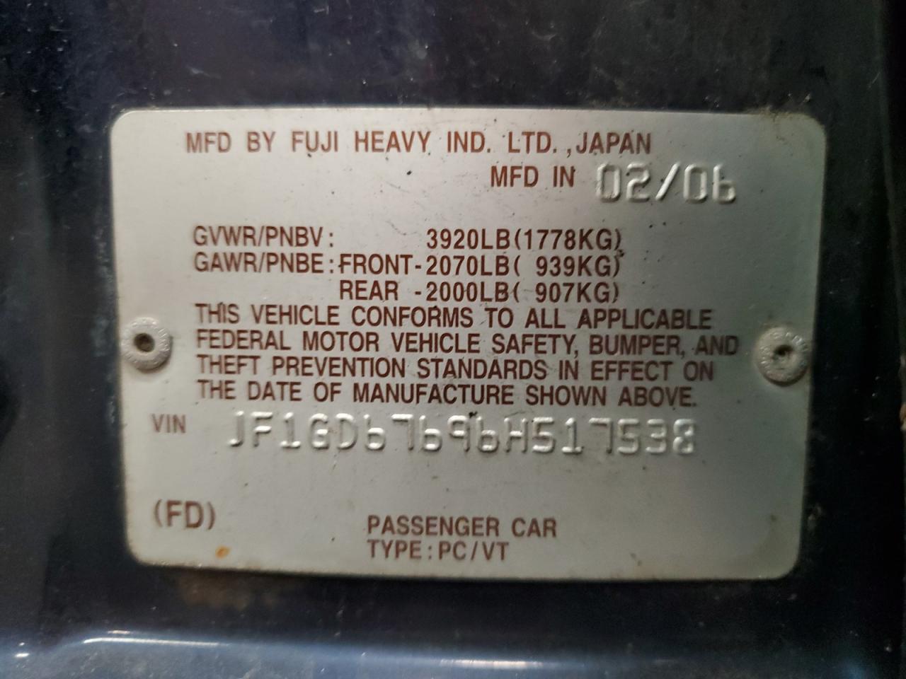 JF1GD67696H517538 2006 Subaru Impreza 2.5I