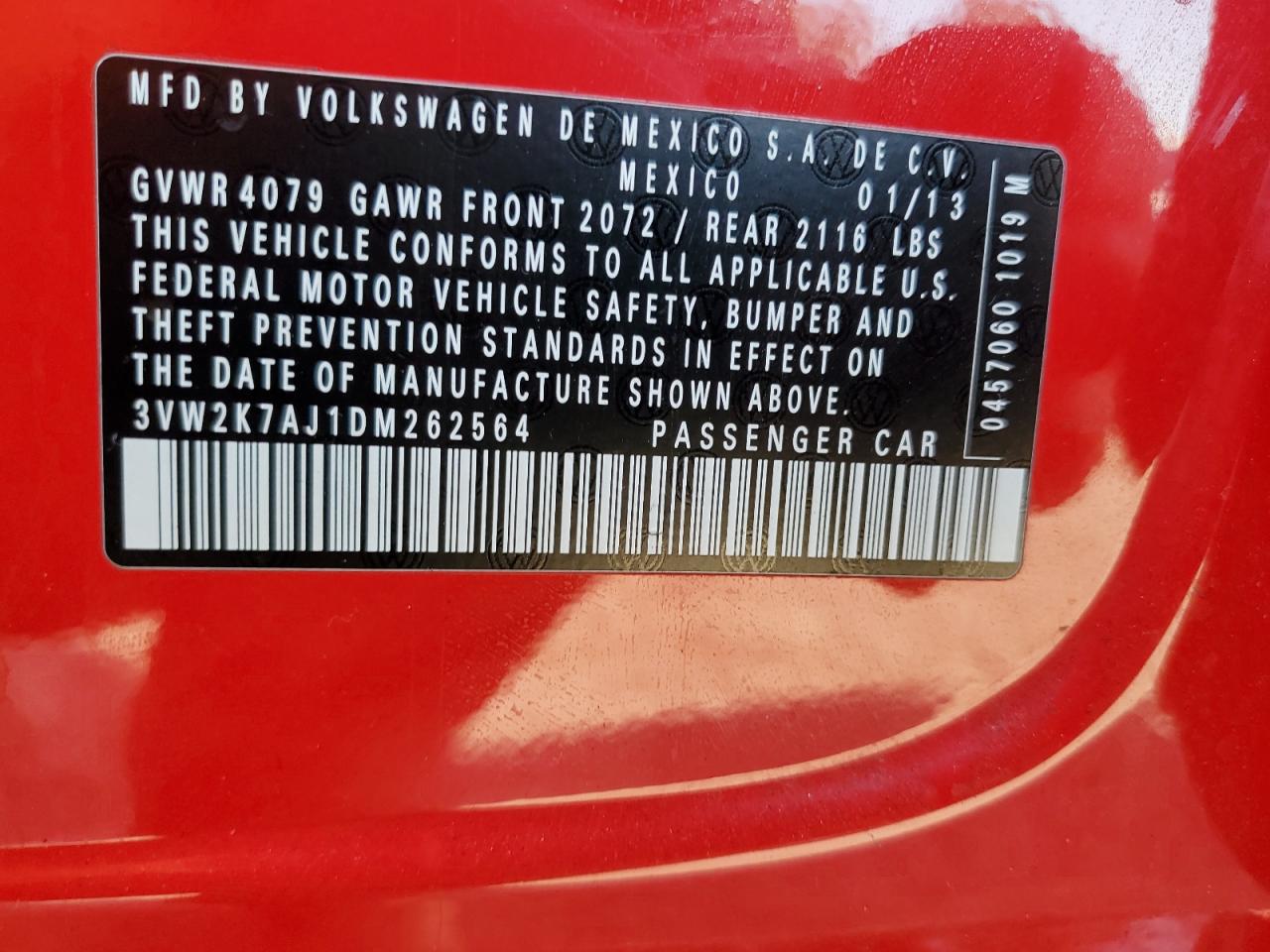 2013 Volkswagen Jetta Base VIN: 3VW2K7AJ1DM262564 Lot: 69844064