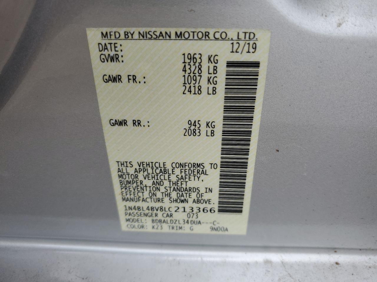 1N4BL4BV8LC213366 2020 Nissan Altima S