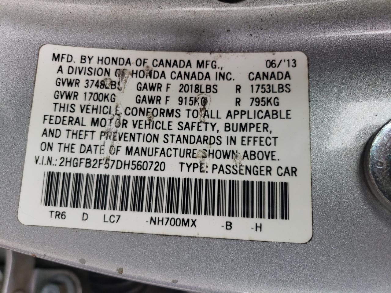 2HGFB2F57DH560720 2013 Honda Civic Lx