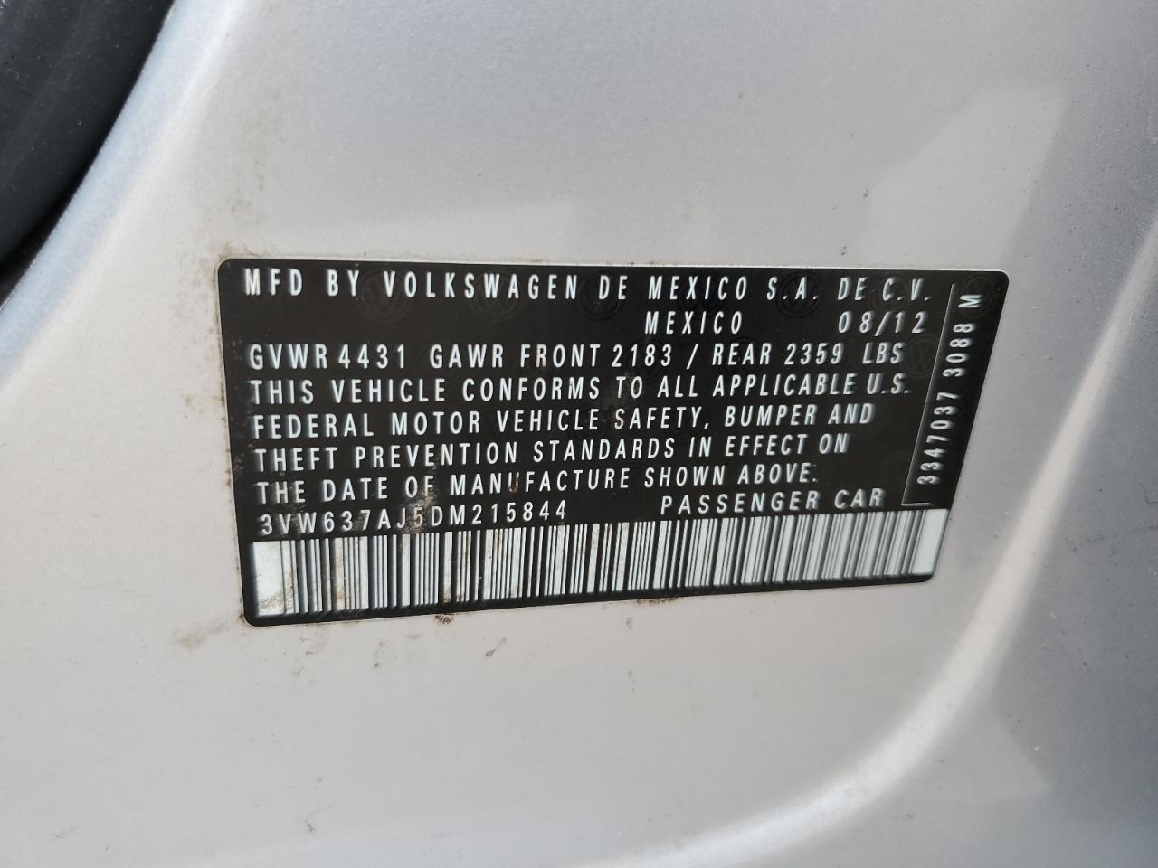 3VW637AJ5DM215844 2013 Volkswagen Jetta Hybrid