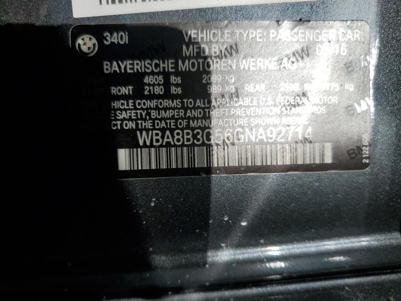 WBA8B3G56GNA92714 2016 BMW 340 I