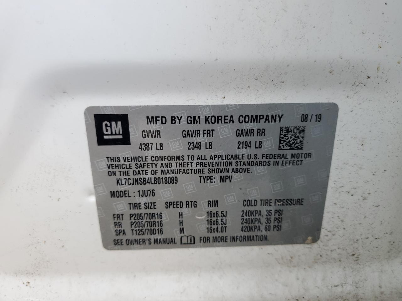 KL7CJNSB4LB018089 2020 Chevrolet Trax Ls