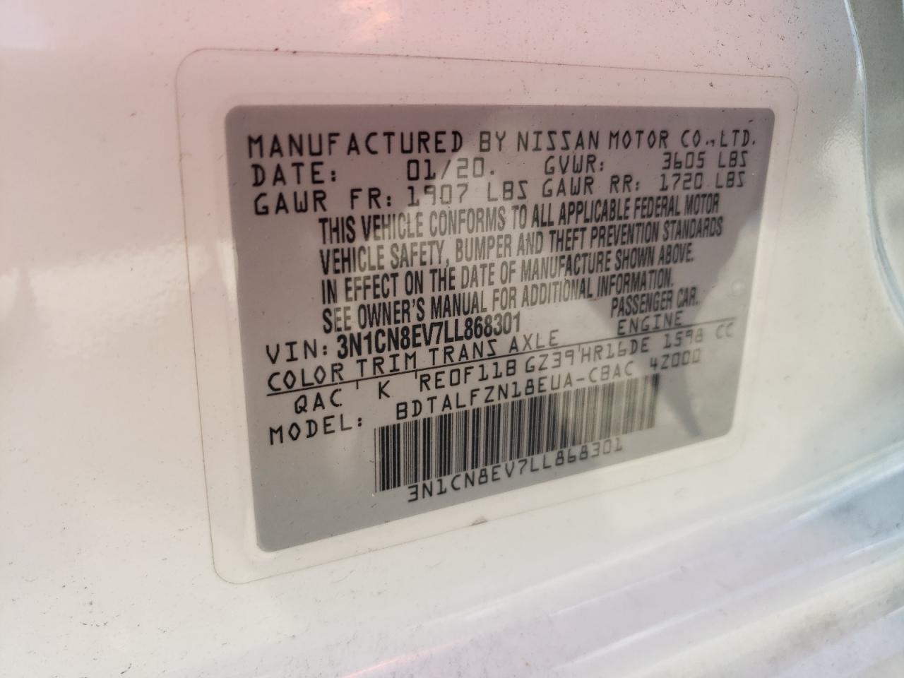 2020 Nissan Versa Sv VIN: 3N1CN8EV7LL868301 Lot: 70604164