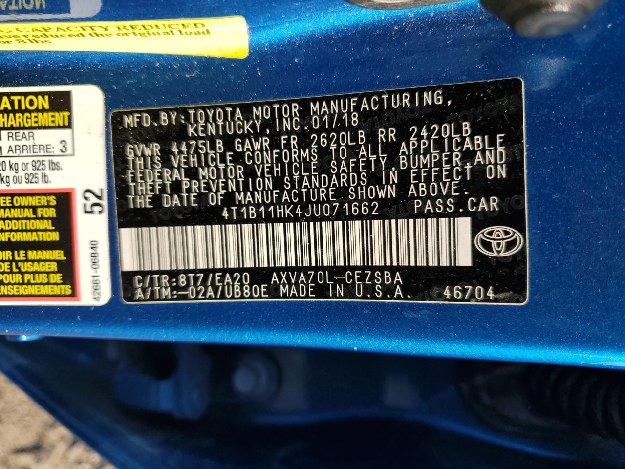 4T1B11HK4JU071662 2018 Toyota Camry L