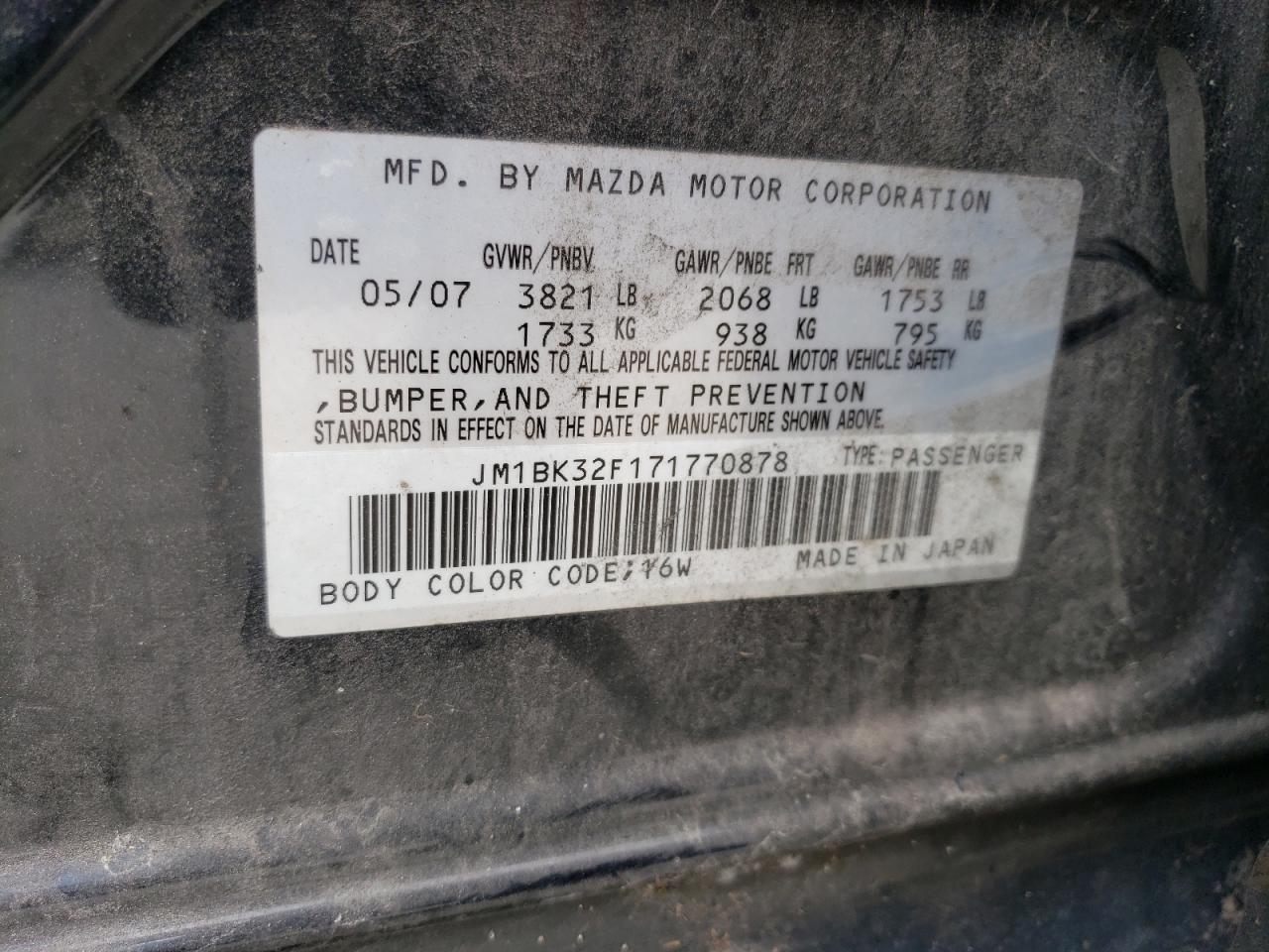 JM1BK32F171770878 2007 Mazda 3 I